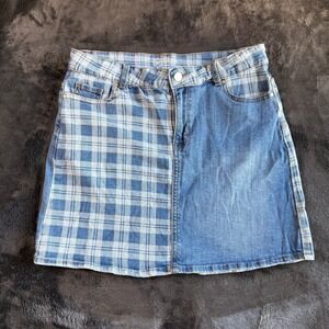 Wonder‎ Nation Girls XL Denim Skirt Plaid Patchwork Blue Jean Skater